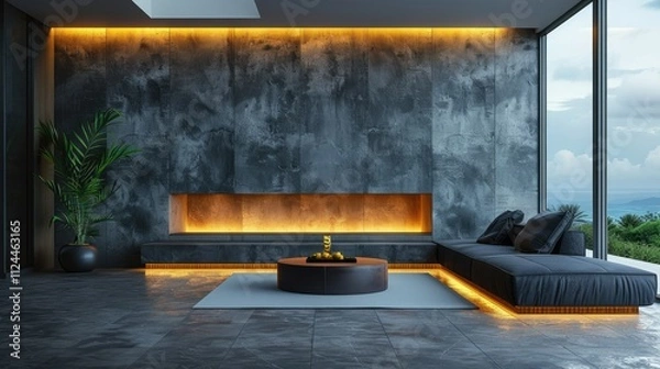 Obraz Modern minimalist living room with fireplace, large window, and ocean view.