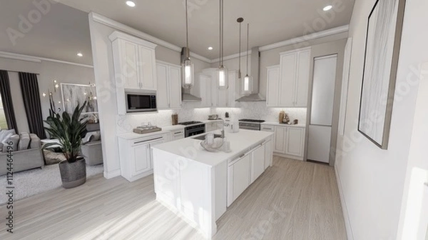 Fototapeta Modern Bright Kitchen with Island and Open Layout