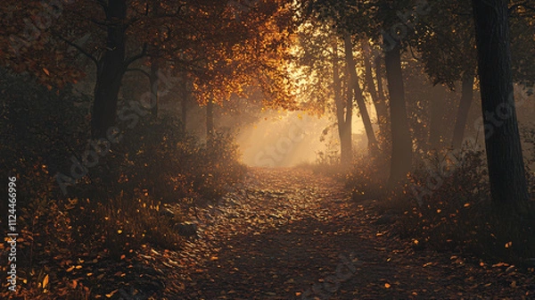 Fototapeta A forest trail covered in autumn leaves with a soft golden light filtering through the trees, creating a magical atmosphere.