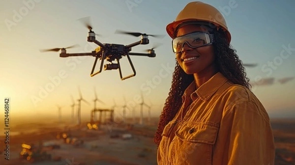 Fototapeta An African woman in a hard hat and goggles smiles as a drone flies overhead near wind turbines at sunset, highlighting her role in renewable energy.