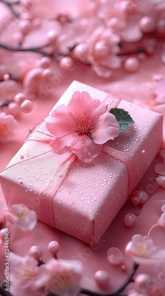 Fototapeta Beautifully wrapped pink gift adorned with flowers and pearls on a soft pink background showcasing a delicate spring theme