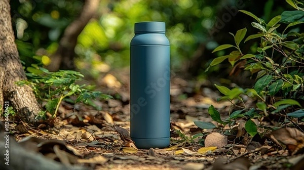 Fototapeta A blue reusable water bottle standing in a natural setting with lush greenery and fallen leaves surrounding it, emphasizing sustainability.