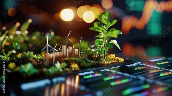 Obraz Green Energy Concept with Wind Turbines and Plant Growth Representation