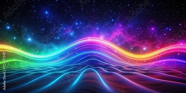 Fototapeta Colorful neon waves flowing under starry sky, neon, waves, colorful, abstract, background, celestial, night, vibrant, glowing, flow
