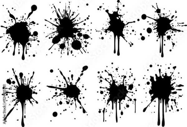 Fototapeta A collection of eight unique black ink splashes and stains, perfect for artistic designs and creative projects.