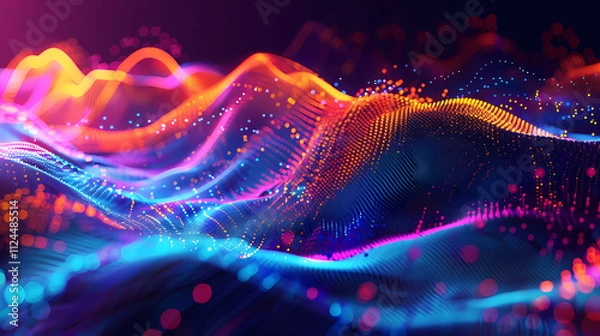 Fototapeta Abstract Digital Waves: A mesmerizing display of vibrant, swirling digital waves in shades of blue, pink, and orange. The dynamic, abstract composition evokes a sense of movement, energy.