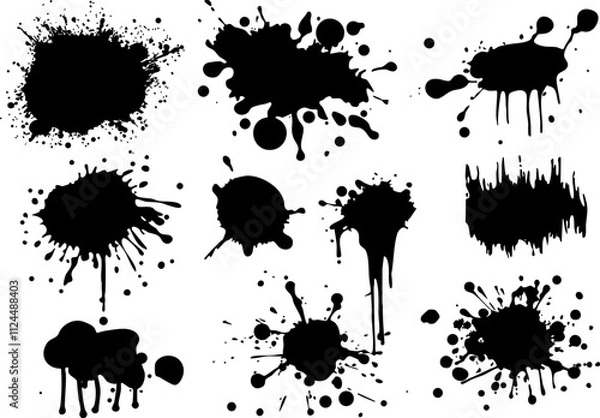 Fototapeta A collection of black ink splats and stains ideal for artistic designs, backgrounds, or creative projects.