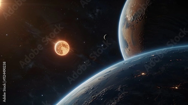 Fototapeta A planet’s glowing twin moons rising in the distance, casting light over the planet’s surface, in Cinematic, 4K, high-definition detail. 