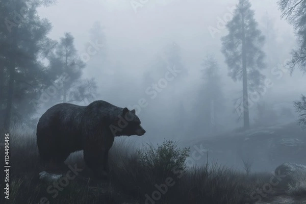 Fototapeta Large brown bear standing in a foggy forest, creating a mysterious and evocative atmosphere