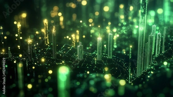 Obraz Surging crypto value is depicted by rising green candlesticks. This graphical representation visualizes volume and time intervals. 