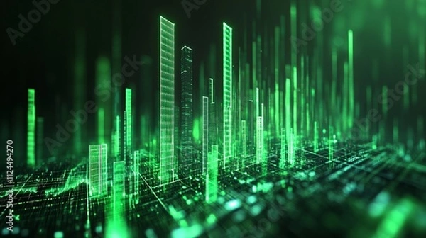 Obraz Surging crypto value is depicted by rising green candlesticks. This graphical representation visualizes volume and time intervals. 