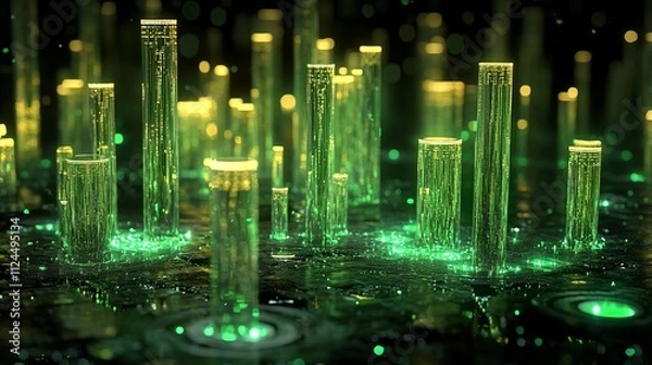 Obraz Surging crypto value is depicted by rising green candlesticks. This graphical representation visualizes volume and time intervals. 
