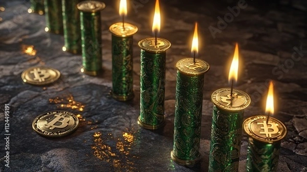 Obraz Surging crypto value is depicted by rising green candlesticks. This graphical representation visualizes volume and time intervals. 