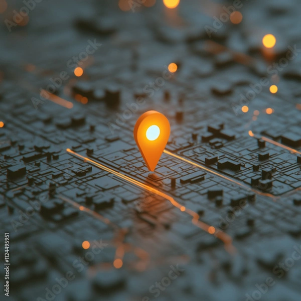 Fototapeta A brightly lit map featuring a prominent pin indicating a location