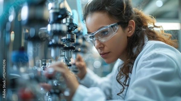 Fototapeta Close-up of a hydrogen fuel cell system being assembled in a sterile lab environment, highlighting precision engineering
