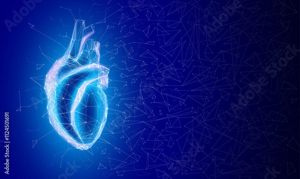 Fototapeta 3D illustration of geometric structure connected to form a human heart shape on a dark blue background. Used in medicine, education, science, advertising and industry.