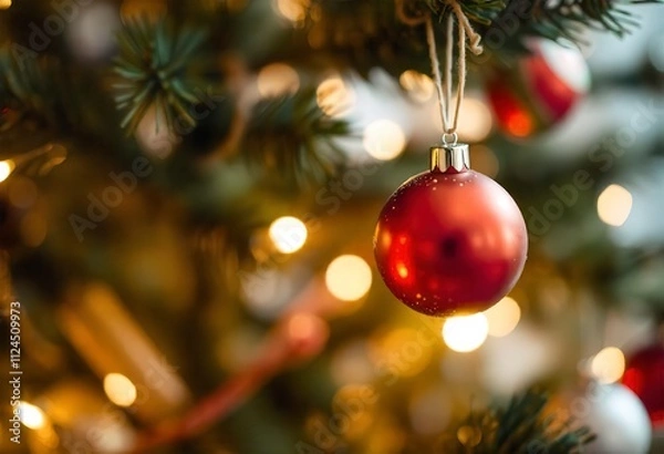 Fototapeta Blurred Christmas tree with ornaments and twinkling lights