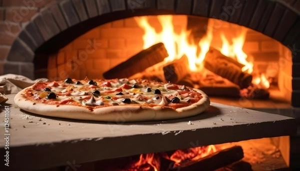 Fototapeta A freshly baked pizza with various toppings in front of a roaring fire in a brick oven