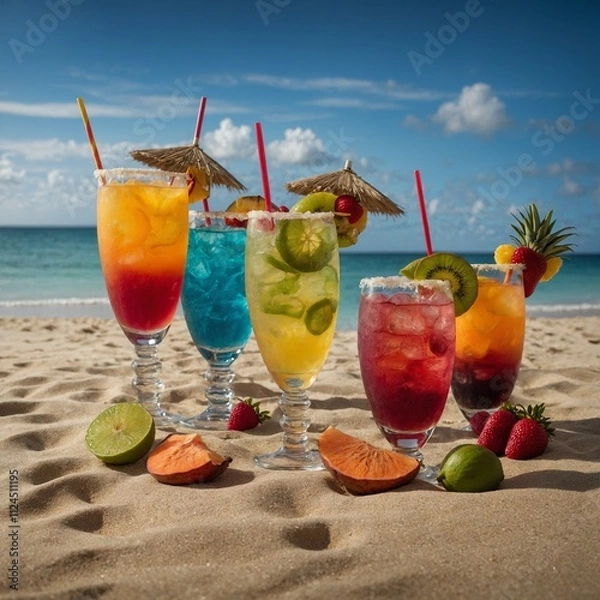 Fototapeta A row of tropical drinks garnished with fruit on a beach.