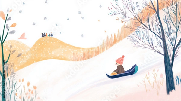 Obraz Child playing in snow with sled on hill, joyful atmosphere, winter fun, minimalist illustration