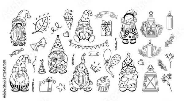 Fototapeta Outline doodle collection of festive dwarf and holiday elements