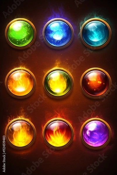Fototapeta Colorful magical orbs glowing with energy in a grid pattern, showcasing vibrant colors and mystical effects.