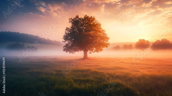 Fototapeta A lone tree standing in the middle of a foggy field.