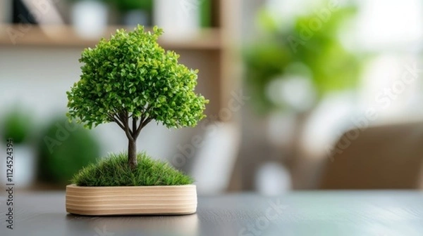 Fototapeta Lush Green Miniature Tree in Decorative Planter on Wooden Surface with Blurred Background of Indoor Plants, Home Decor for Nature Lovers and Interior Design Enthusiasts