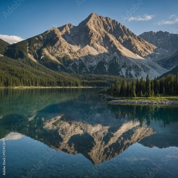 Fototapeta A serene lake reflecting towering mountains under a clear blue sky.