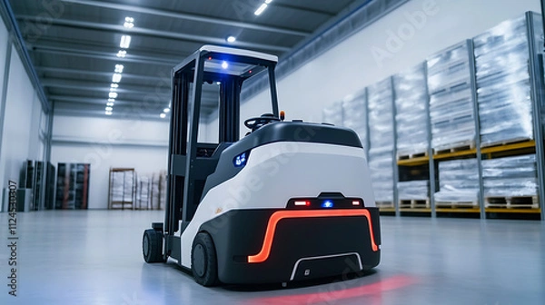Fototapeta Forklift doing storage in the warehouse. Robotics applied to industrial logistics