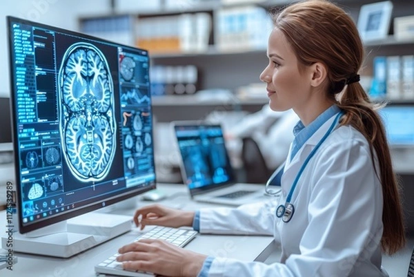 Fototapeta Medical team analyzes brain test results using ai technology in virtual interface and robotics