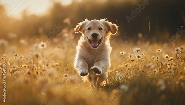 Fototapeta Golden Retriever puppy running joyfully in a sunny grassy field with flowers. AI generated image