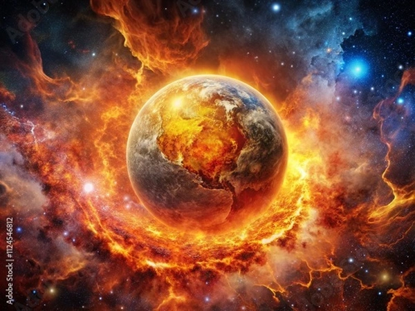 Fototapeta A Breathtaking Vintage Style Capture of a Fiery Planet Surrounded by Cosmic Flames, Inspiring Wonder and Awe at the Vastness of Space and the Beauty of Celestial Phenomena