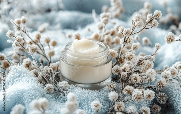 Obraz A luxurious glass jar of moisturizing cream surrounded by frosted flowers and snowflakes on a cozy winter backdrop