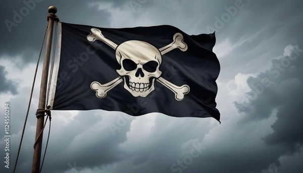 Fototapeta A pirate flag with a skull and crossbones fluttering in the wind, set against a cloudy sky