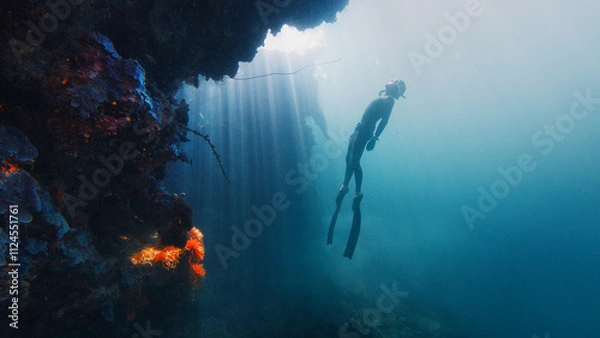 Fototapeta Freediver gracefully descending along a vibrant reef wall bathed in sun rays. Raja Ampat, Indonesia