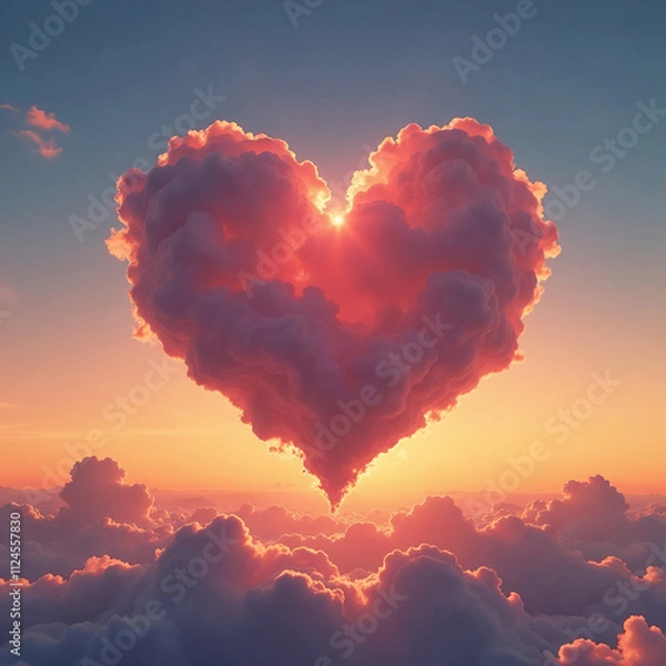 Obraz A heart of clouds in the sunset sky at the height of a bird's flight above the clouds, the concept of love and a postcard for St. Valentine's day