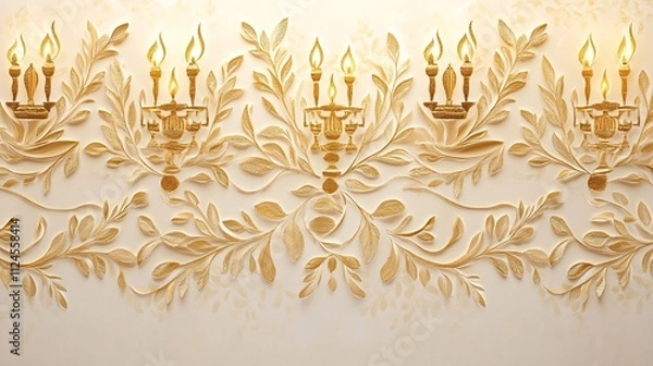 Fototapeta Refined Hanukkah background with intricate gold patterns of menorahs and olive branches on a cream canvas