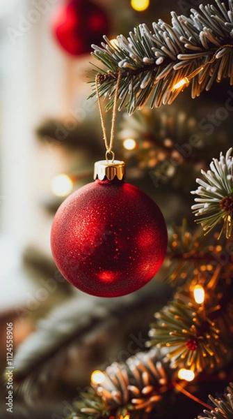 Obraz red glass ball ornament on a decorated tree branch