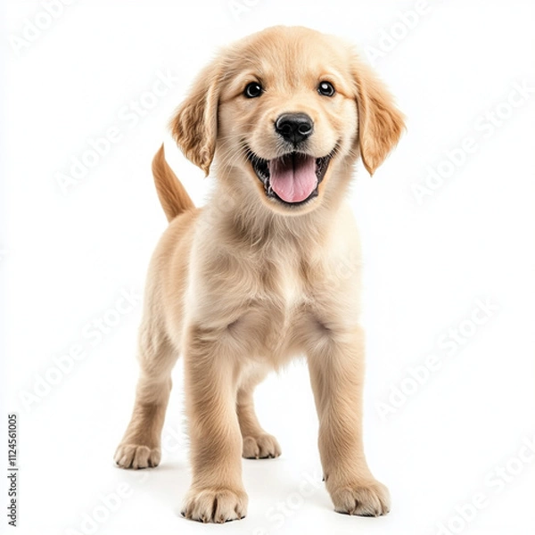 Fototapeta A Playful Golden Retriever Puppy Standing Upright, Full of Energy and Curiosity, Isolated on a White Background