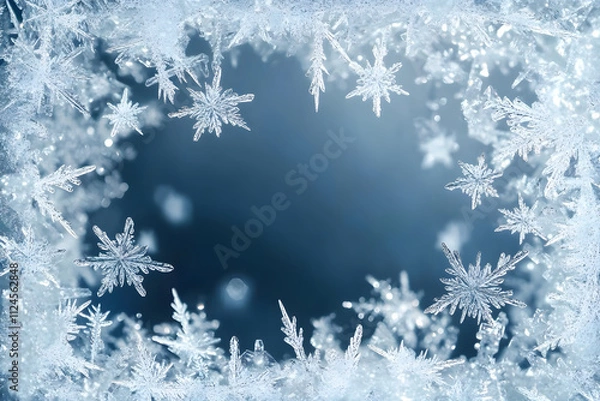Fototapeta Icy frost crystal border backgrounds snowflake shape.
