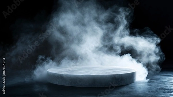 Obraz Empty Round platform emerging from a mysterious dry ice smoke on a black background, creating an ideal setting for product showcasing.