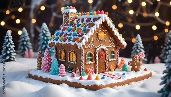 Fototapeta A colorful gingerbread house with a snowy roof, surrounded by candy decorations and a winter landscape