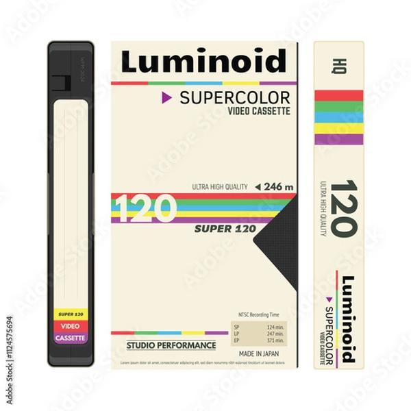 Fototapeta Retro style VHS video cassettes front view with label and cover, cover side view. Empty labels with lines for text. Magnetic cassette label fantasy 90s cover design. Vector illustration with opacity.