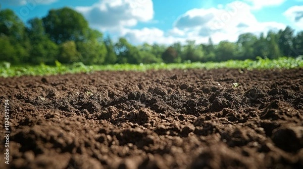 Obraz A close-up view of rich, dark soil on an agricultural field under a bright blue sky with scattered clouds. The vibrant greenery is visible in the background.