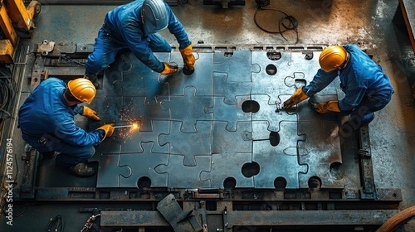 Obraz Three industrial workers assembling a large metal jigsaw puzzle on the factory floor.