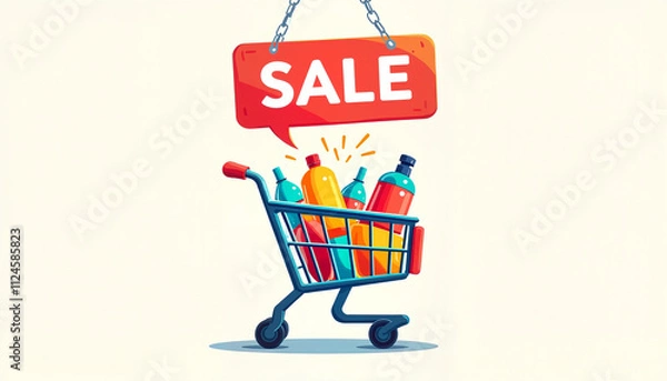 Fototapeta Shopping cart filled with colorful bottles on sale with a sale sign on a light background and copy space