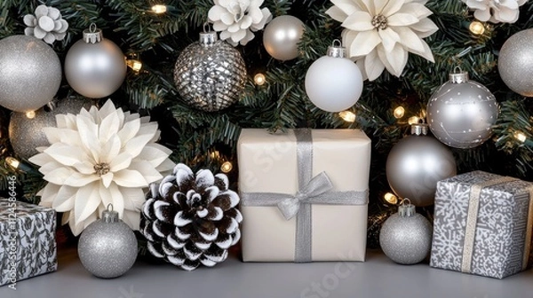 Obraz Luxurious silver and white Christmas tree sparkling with shiny ornaments stands among beautifully wrapped gifts under a warm bokeh background