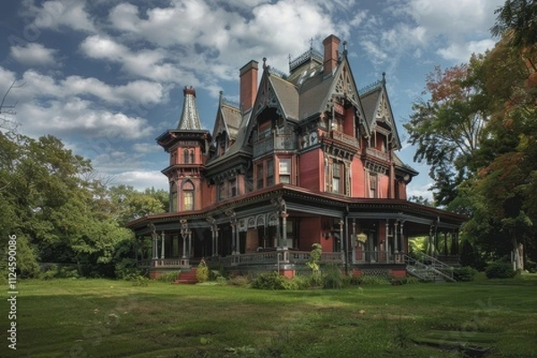 Fototapeta A grand Victorian mansion stands majestically with intricate architecture, framed by overgrown gardens and a dramatic cloudy sky, capturing timeless elegance.