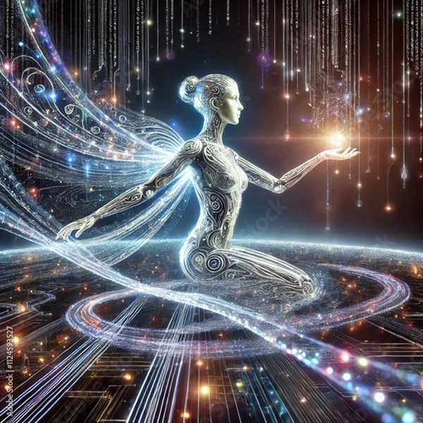 Obraz A serene and harmonious cybernetic being radiates brilliant light within a vast and beautiful digital cosmos